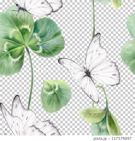 Seamless pattern of three leaf clovers,scattered petal,white butterflies,celebrating St. Patricks Day,Irish heritage.Soft watercolor with fresh greens for festive branding,event decor,cultural designs 137579897