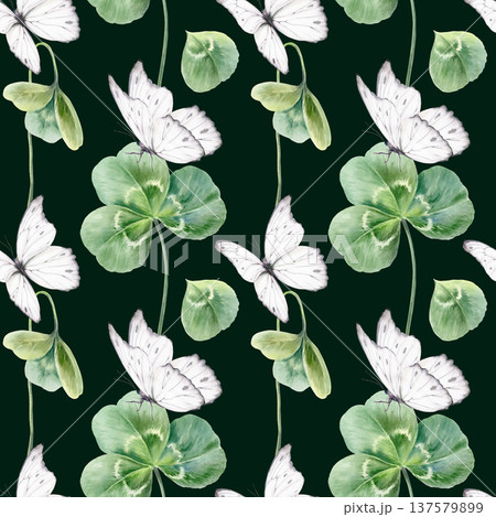 Seamless pattern of three leaf clovers,scattered petal,white butterflies,celebrating St. Patricks Day,Irish heritage.Soft watercolor with fresh greens for festive branding,event decor,cultural designs 137579899