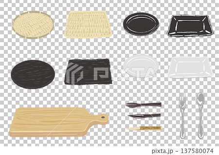 Complete set of tableware, cutlery, cutting board and colander Complete set of tableware, cutlery, cutting board and colander 137580074