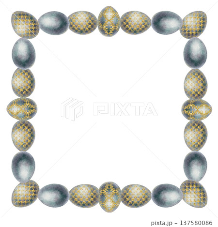 Stylish square Easter frame made of ornamental watercolor eggs. Balanced decorative border with empty center for text, ideal for greeting cards, invitations and festive layouts, seasonal designs 137580086