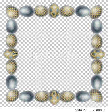 Stylish square Easter frame made of ornamental watercolor eggs. Balanced decorative border with empty center for text, ideal for greeting cards, invitations and festive layouts, seasonal designs 137580086