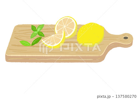 カッティングボードに乗ったレモンとミントの葉の手描きイラスト素材 137580270