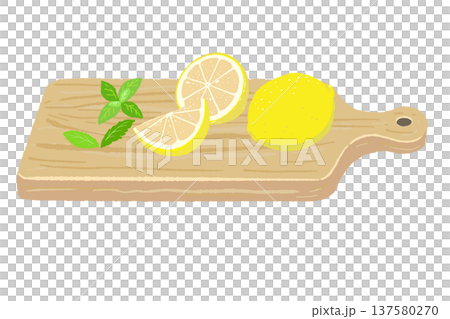 カッティングボードに乗ったレモンとミントの葉の手描きイラスト素材 137580270