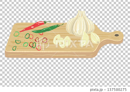 Hand-drawn illustration of chili peppers and garlic on a cutting board Hand-drawn illustration of chili peppers and garlic on a cutting board 137580275