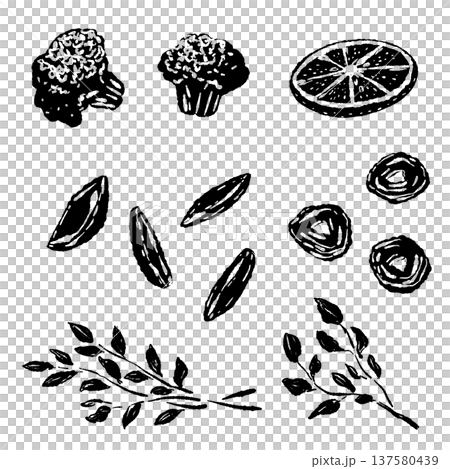 Monochrome silhouette of steak garnish vegetable set Monochrome silhouette of steak garnish vegetable set 137580439