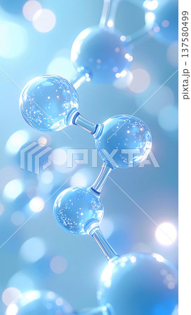 青い美容成分分子と保湿スキンケアイメージ、ヒアルロン酸・美容液・皮膚科学研究 137580499