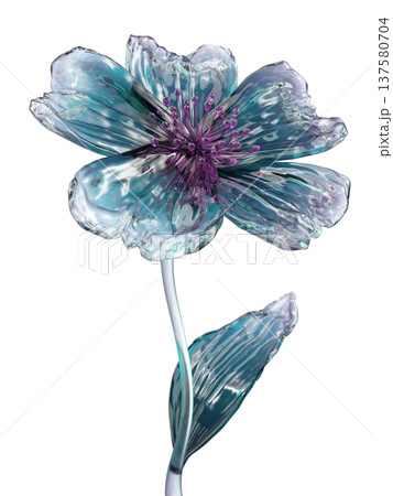 Glass Flower Sculpture in Blue and Purple Tones, Translucent Decorative Botanical Art on White 137580704