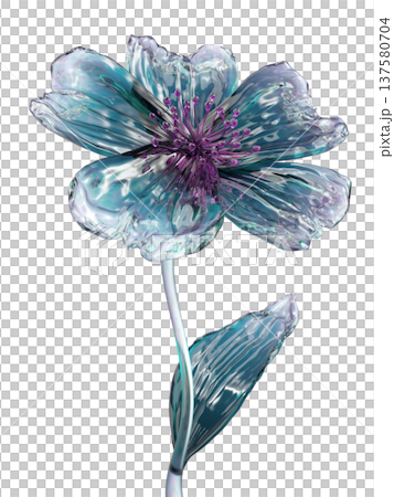 Glass Flower Sculpture in Blue and Purple Tones, Translucent Decorative Botanical Art on White 137580704