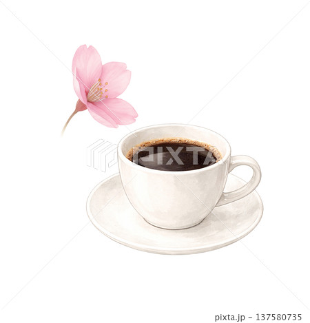 桜の花びらとコーヒーカップの水彩イラスト 春のカフェタイム素材 137580735