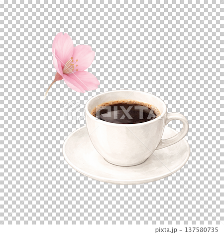 桜の花びらとコーヒーカップの水彩イラスト 春のカフェタイム素材 137580735