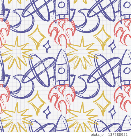 Space seamless pattern on grid paper. Hand drawn rough pencil sketch with rocket, planet, star and moon. Messy doodle scribble background texture for kids wallpaper, school notebook and wrapping. 137580931