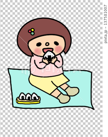 おむすびをほおばるおかっぱ頭の女の子 おむすびをほおばるおかっぱ頭の女の子 137581007