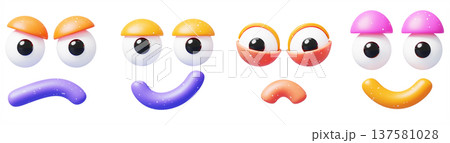 3D cartoon faces with expressive eyes and mouths for creating animated characters. Render set of comic facial expressions and emotions: anger, smile, smirk, delight and tenderness. 3D illustration 3D cartoon faces with expressive eyes and mouths for creating animated characters. Render set of comic facial expressions and emotions: anger, smile, smirk, delight and tenderness. 3D illustration 137581028
