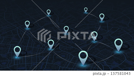 Isometric GPS map navigation with connected location pins on dark city street background. Vector illustration. Isometric GPS map navigation with connected location pins on dark city street background. Vector illustration. 137581043