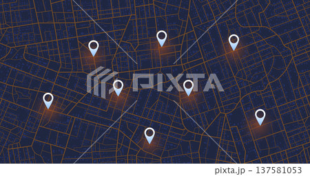 Multiple destinations. Gps tracking map. Track navigation pins on street maps, navigate mapping technology and locate position pin. Futuristic travel gps map or location navigator vector illustration 137581053