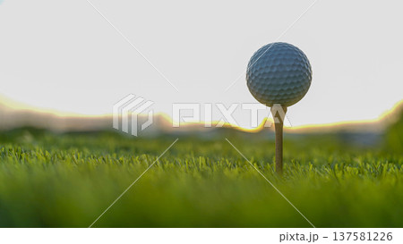 Golf clubs and balls on a green lawn in a beautiful golf course with morning sunshine. 137581226