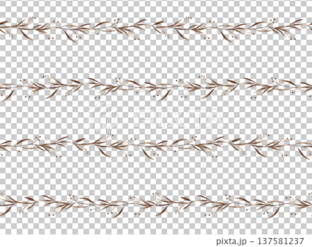Watercolor seamless ornament with horizontal stripes with brown flowers with leaves. Hand drawn illustration repeat pattern with plants on isolated background. Border with branches with round buds. Watercolor seamless ornament with horizontal stripes with brown flowers with leaves. Hand drawn illustration repeat pattern with plants on isolated background. Border with branches with round buds. 137581237