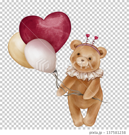 Watercolor Cute Teddy Bear Holding Balloon shape pink heart. Valentine Brown bear toy with vintage Jabot collar. Illustration hand drawn in retro style on isolated background for design greeting cards Watercolor Cute Teddy Bear Holding Balloon shape pink heart. Valentine Brown bear toy with vintage Jabot collar. Illustration hand drawn in retro style on isolated background for design greeting cards 137581238