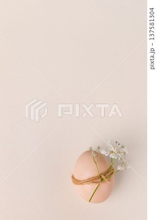 Decorative egg with twine and flowers on soft pastel background 137581304