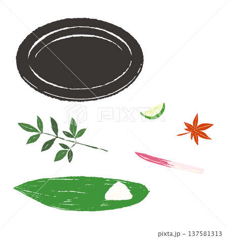 笹の葉とはじかみのあしらいと黒皿のセット（盛り付け完成図） 137581313