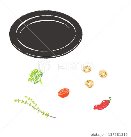 ハーブとトマトとニンニクのあしらいと黒皿のセット(盛り付け完成図) ハーブとトマトとニンニクのあしらいと黒皿のセット(盛り付け完成図) 137581315