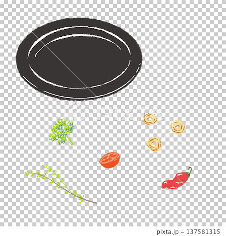 ハーブとトマトとニンニクのあしらいと黒皿のセット(盛り付け完成図) ハーブとトマトとニンニクのあしらいと黒皿のセット(盛り付け完成図) 137581315