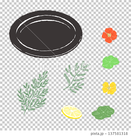 A set of herbs and nasturtiums garnished with a black plate (finished presentation) A set of herbs and nasturtiums garnished with a black plate (finished presentation) 137581318