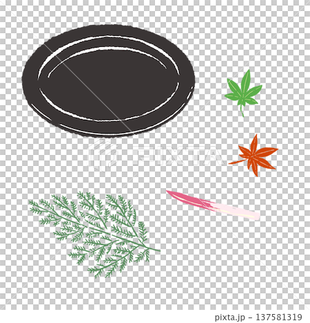 A set of hinoki wood, maple leaves, and scallions on a black plate (finished arrangement) A set of hinoki wood, maple leaves, and scallions on a black plate (finished arrangement) 137581319