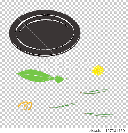 A set of bamboo leaves, chrysanthemums, and yuzu peel garnishes on a black plate (finished arrangement) A set of bamboo leaves, chrysanthemums, and yuzu peel garnishes on a black plate (finished arrangement) 137581320