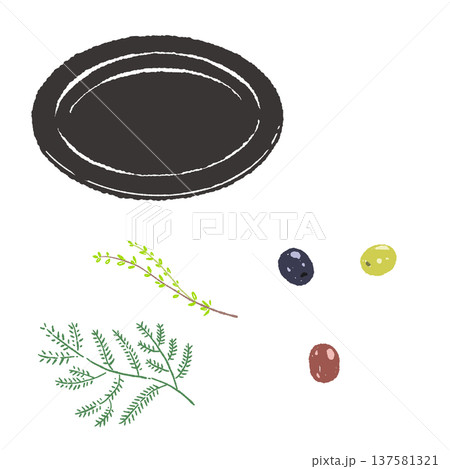 オリーブとハーブのあしらいと黒皿のセット（盛り付け完成図） 137581321