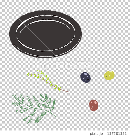 オリーブとハーブのあしらいと黒皿のセット（盛り付け完成図） 137581321