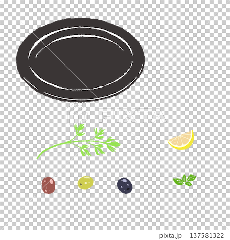 オリーブとレモンとハーブのあしらいと黒皿のセット（盛り付け完成図） 137581322
