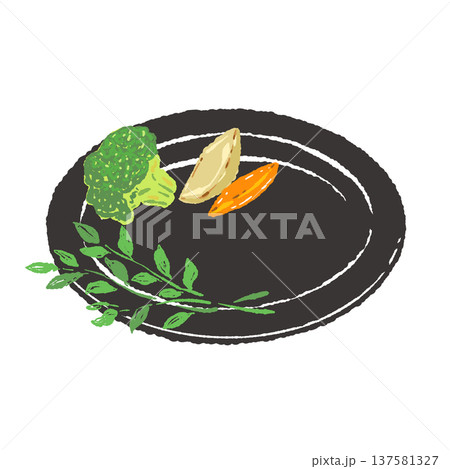 ステーキの付け合わせ野菜と黒皿のセット（盛り付け完成図） 137581327