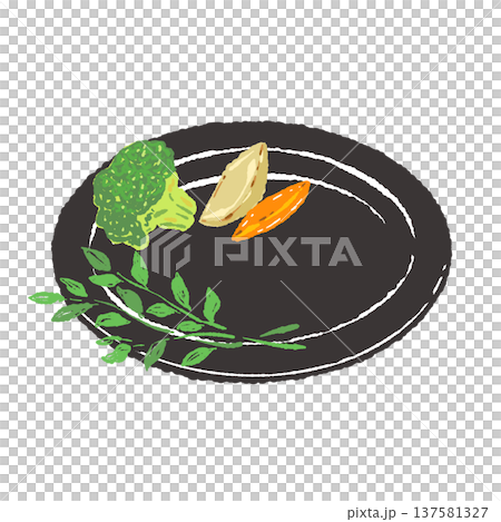 ステーキの付け合わせ野菜と黒皿のセット（盛り付け完成図） 137581327