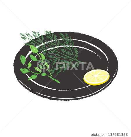 ハーブとレモンのあしらいと黒皿のセット（盛り付け完成図） 137581328