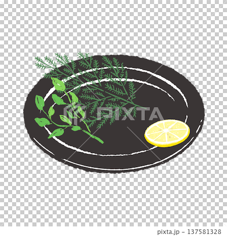 ハーブとレモンのあしらいと黒皿のセット（盛り付け完成図） 137581328