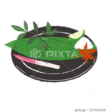 笹の葉とはじかみのあしらいと黒皿のセット（盛り付け完成図） 137581329