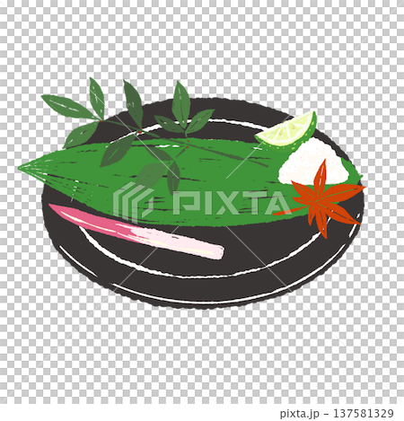 笹の葉とはじかみのあしらいと黒皿のセット（盛り付け完成図） 137581329