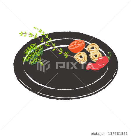 ハーブとトマトとニンニクのあしらいと黒皿のセット（盛り付け完成図） 137581331