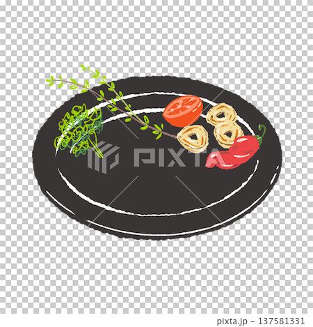 ハーブとトマトとニンニクのあしらいと黒皿のセット（盛り付け完成図） 137581331