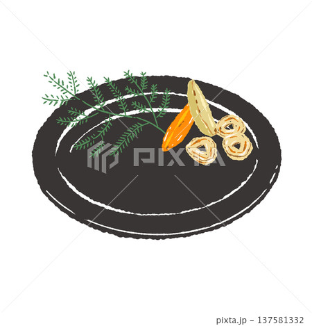 ハーブとガーリックチップのあしらいと黒皿のセット（盛り付け完成図） 137581332