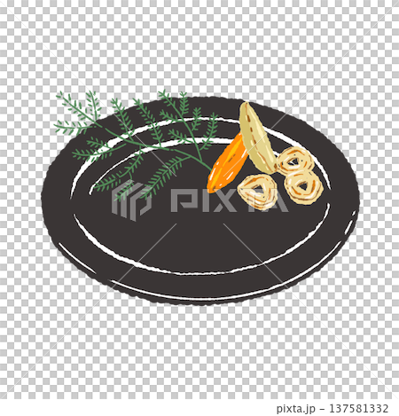 ハーブとガーリックチップのあしらいと黒皿のセット（盛り付け完成図） 137581332