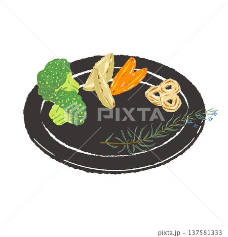 ブロッコリーとポテトのステーキ付け合わせと黒皿（盛り付け完成図） 137581333