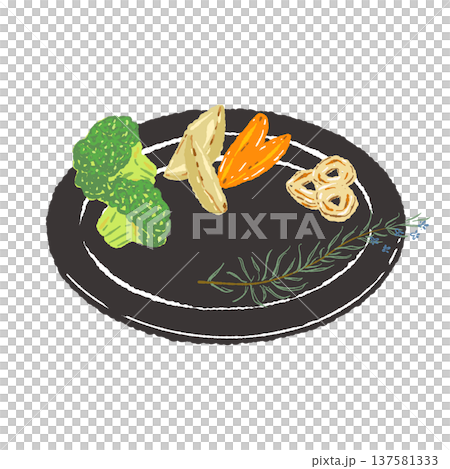 ブロッコリーとポテトのステーキ付け合わせと黒皿（盛り付け完成図） 137581333