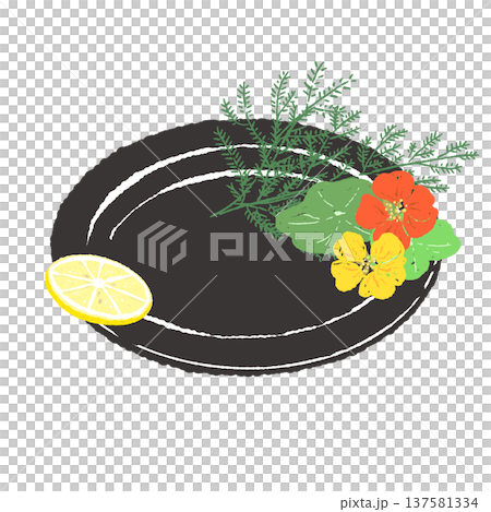 A set of herbs and nasturtiums garnished with a black plate (finished presentation) A set of herbs and nasturtiums garnished with a black plate (finished presentation) 137581334