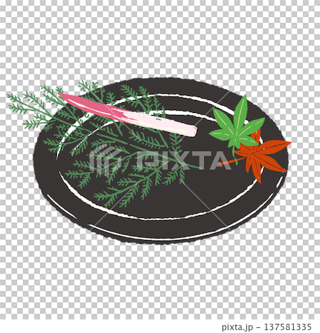 黑色盤子上擺放著檜木、楓葉和蔥花（成品擺放圖） 137581335