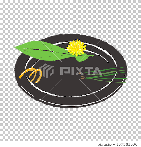 A set of bamboo leaves, chrysanthemums, and yuzu peel garnishes on a black plate (finished arrangement) 137581336