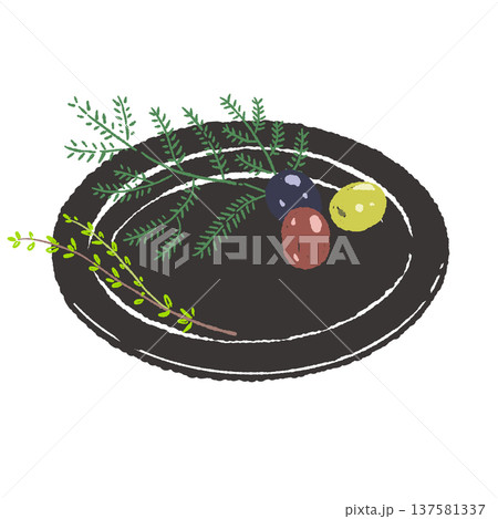 オリーブとハーブのあしらいと黒皿のセット（盛り付け完成図） 137581337