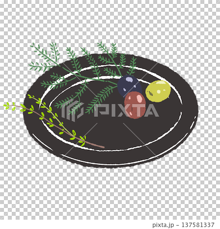 オリーブとハーブのあしらいと黒皿のセット（盛り付け完成図） 137581337
