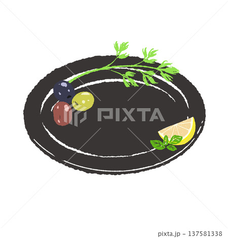 オリーブとレモンとハーブのあしらいと黒皿のセット（盛り付け完成図） 137581338